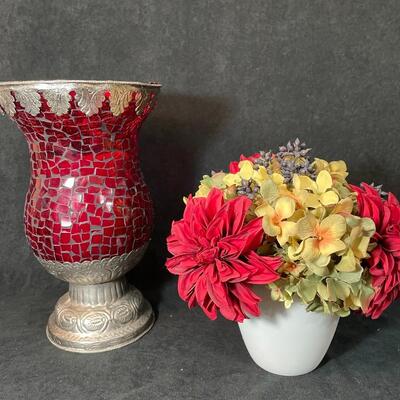Lot 78  Red Candle Vase & Silk Arrangement