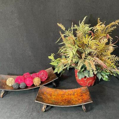 Lot 80  Two Decor Trays & Red Vase w/ Silk