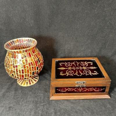 Lot 81 Red Mosaic Candle Vase & Red Box