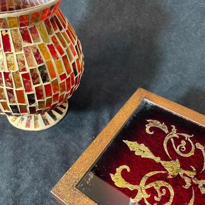 Lot 81 Red Mosaic Candle Vase & Red Box