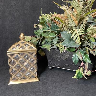 Lot 82  Brass & Glass Canister and Silk Arrangement
