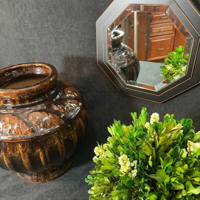 Lot 84 Brown Glazed Pot, Small Mirror & Silk