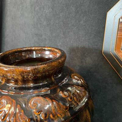 Lot 84 Brown Glazed Pot, Small Mirror & Silk