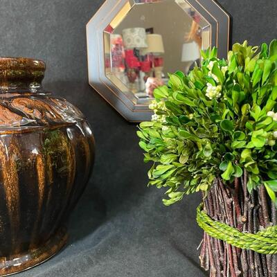 Lot 84 Brown Glazed Pot, Small Mirror & Silk