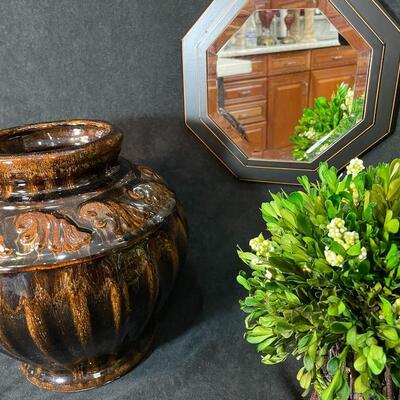 Lot 84 Brown Glazed Pot, Small Mirror & Silk