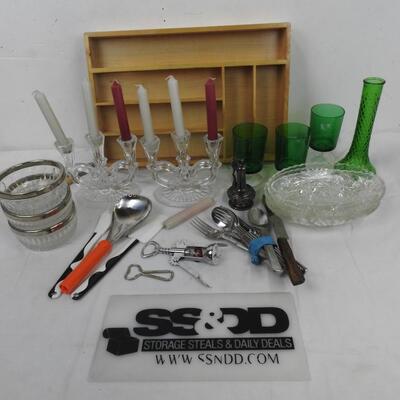 Kitchen Lot:2 Candle Holders, Wood Silverware Tray, Green Glasses, Utensils etc.