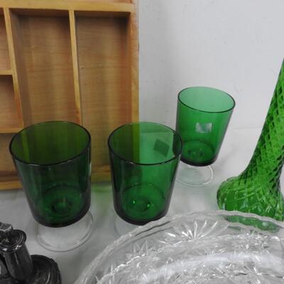 Kitchen Lot:2 Candle Holders, Wood Silverware Tray, Green Glasses, Utensils etc.