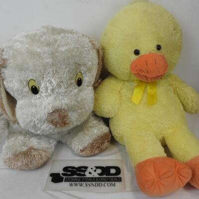 2 Large Stuffed Animals: Yellow Duck, Dog, Good Condition