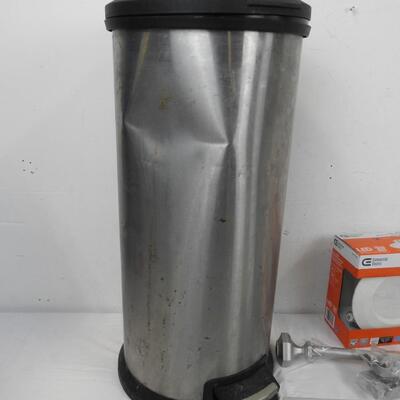 7 pc Home Improvement Lot: Trash Can, 2 White High Ceiling Led Lights