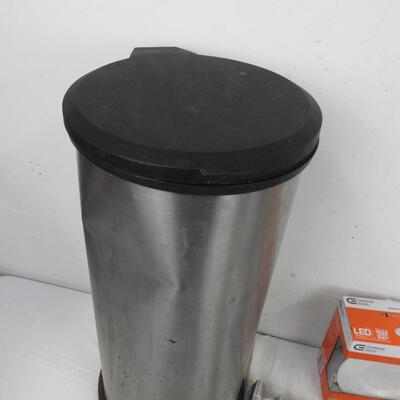 7 pc Home Improvement Lot: Trash Can, 2 White High Ceiling Led Lights
