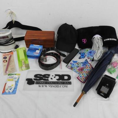 19+ Personal Care Lot: Hats, Belts, Umbrella, Lane Cedar Chest, Alcohol Pads
