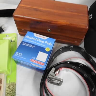 19+ Personal Care Lot: Hats, Belts, Umbrella, Lane Cedar Chest, Alcohol Pads
