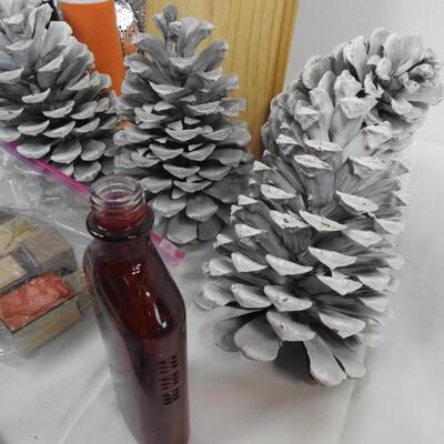 19+ Craft Lot: Frosted Pinecones, Colored Ribbon, Doilies, Twine Wreath