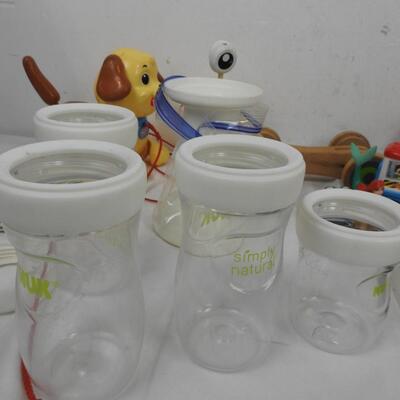 Baby Lot: Blocks, Giraffe Blanket, Pull Toys, Bottles