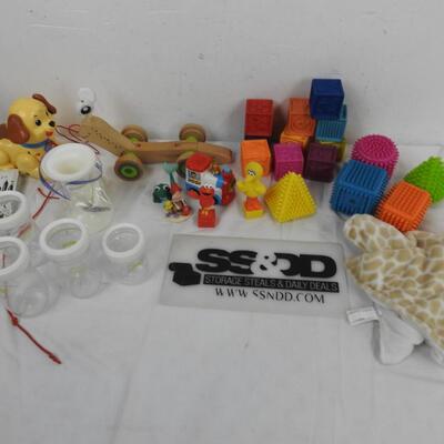 Baby Lot: Blocks, Giraffe Blanket, Pull Toys, Bottles
