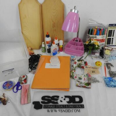 Craft Lot: Pink Desk Lamp, Wood, Glue, Markers, Metal Chain