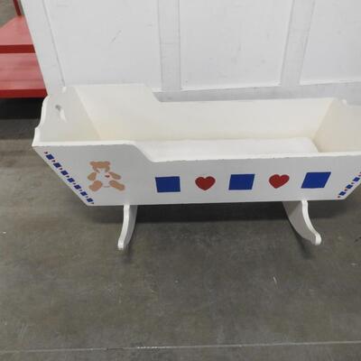 White Wooden Baby Rocking Bed, Bear and Shape Decorations - Good Condition