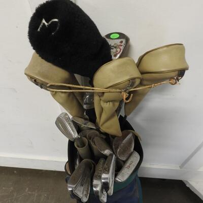 Golf Club Bag, Green & Blue with 17 Golf Clubs, some with Covers