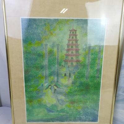 3 pc Art Work By TangYung 91: 1 framed, 1 on flat canvas board, 1 matted
