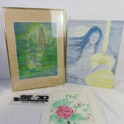 3 pc Art Work By TangYung 91: 1 framed, 1 on flat canvas board, 1 matted