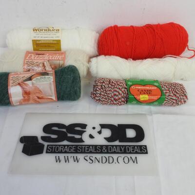 6 Skeins Yarn: White, Cream, Red, Green, & Candy Cane