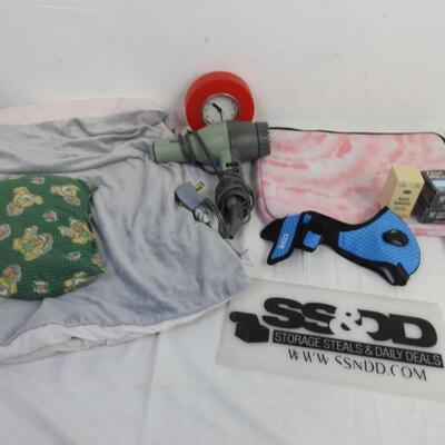 10 pc Personal Care Items: Soap, Small Blanket, Nail Care, Hair Dryer, Clock