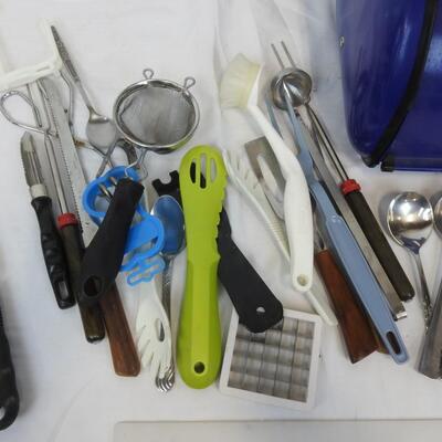 Blue Metal Bread Box with Various Utensils & Knives