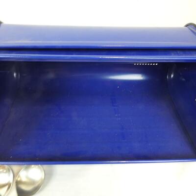 Blue Metal Bread Box with Various Utensils & Knives