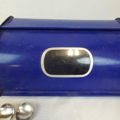 Blue Metal Bread Box with Various Utensils & Knives