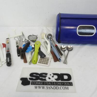 Blue Metal Bread Box with Various Utensils & Knives