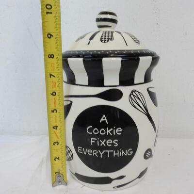 Ceramic Cookie Jar with Lid: Black & White "A Cookie Fixes Everything"