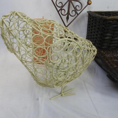 7 pc Home Decor: Basket, 2 Metal Candle Holders, Metal Tray & Bird, 2 Candles