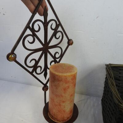 7 pc Home Decor: Basket, 2 Metal Candle Holders, Metal Tray & Bird, 2 Candles