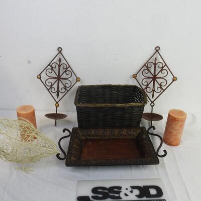 7 pc Home Decor: Basket, 2 Metal Candle Holders, Metal Tray & Bird, 2 Candles
