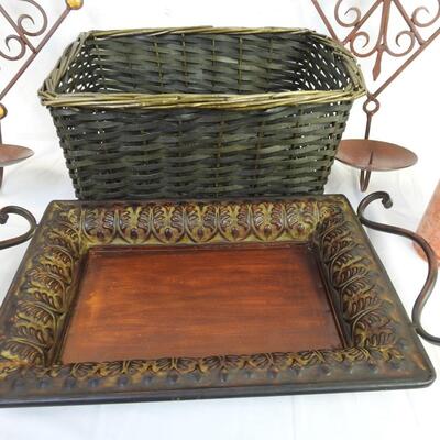 7 pc Home Decor: Basket, 2 Metal Candle Holders, Metal Tray & Bird, 2 Candles