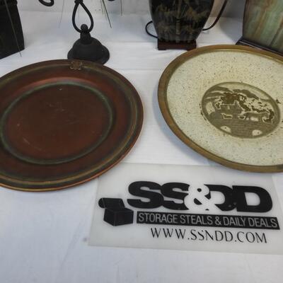 6pc Decor: Faux Grass, Candle Holder, Lamp, Wood Vase, 2 Metal Decorative Plates