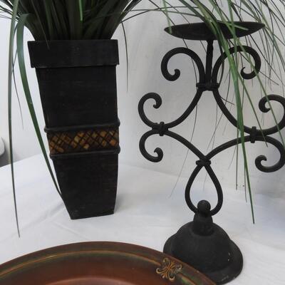 6pc Decor: Faux Grass, Candle Holder, Lamp, Wood Vase, 2 Metal Decorative Plates