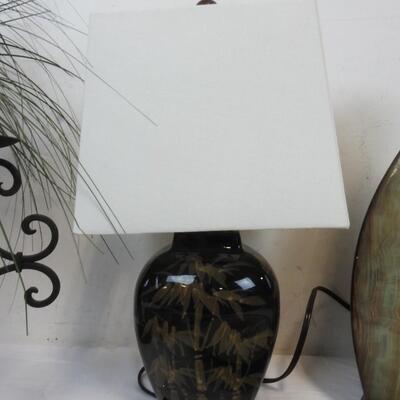 6pc Decor: Faux Grass, Candle Holder, Lamp, Wood Vase, 2 Metal Decorative Plates