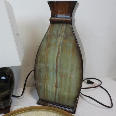 6pc Decor: Faux Grass, Candle Holder, Lamp, Wood Vase, 2 Metal Decorative Plates