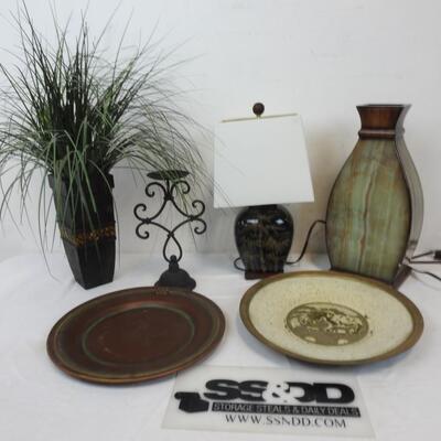 6pc Decor: Faux Grass, Candle Holder, Lamp, Wood Vase, 2 Metal Decorative Plates