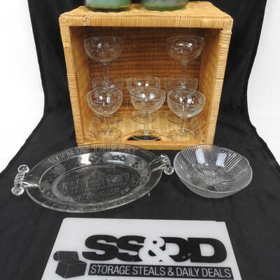 13 pc Kitchen: Basket with 8 Glasses, Bread Platter, Candy Dish, 2 Candle Bowls