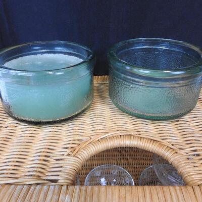 13 pc Kitchen: Basket with 8 Glasses, Bread Platter, Candy Dish, 2 Candle Bowls