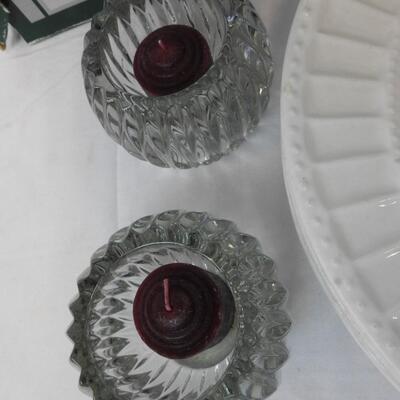 11 pc Kitchen/Entertaining/Decor: 5 plates, 4 Candles, Relish Dish, Wire Basket