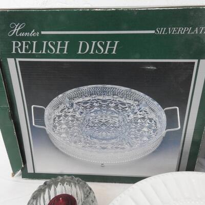 11 pc Kitchen/Entertaining/Decor: 5 plates, 4 Candles, Relish Dish, Wire Basket