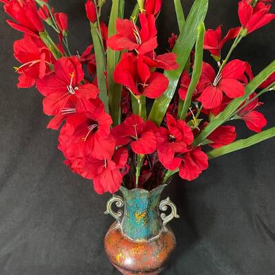 Lot 89  Large Metal Vase with Silk Flowers