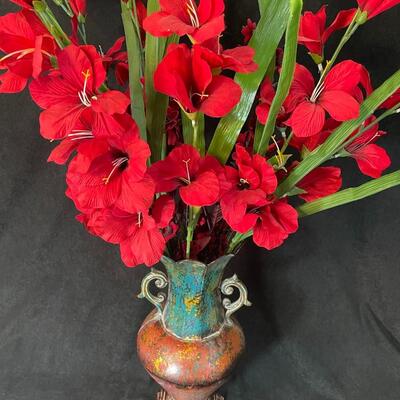 Lot 89  Large Metal Vase with Silk Flowers