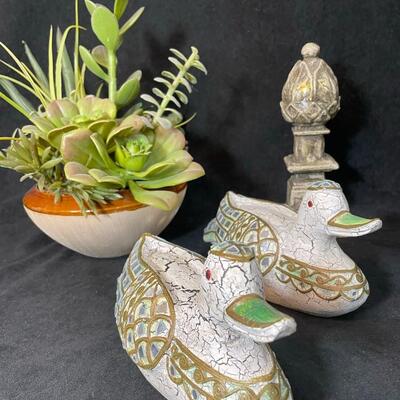 Lot 95  Faux Succulent, Pair of Ducks, & Finial