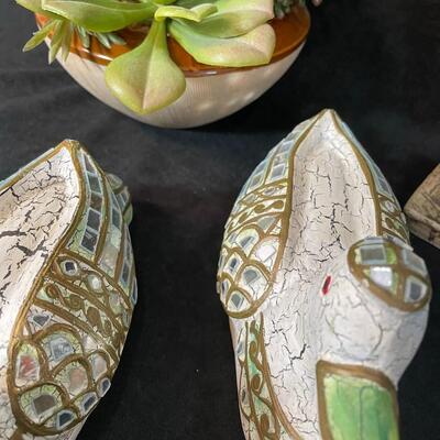 Lot 95  Faux Succulent, Pair of Ducks, & Finial
