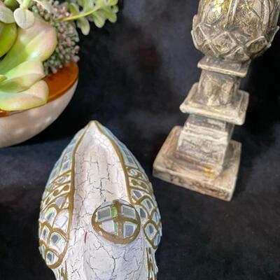 Lot 95  Faux Succulent, Pair of Ducks, & Finial