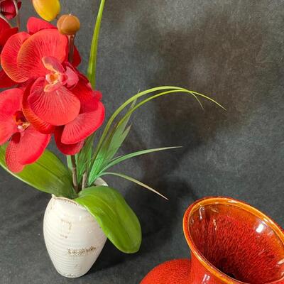 Lot 96  Red Vase & Silk Orchid in White Vase